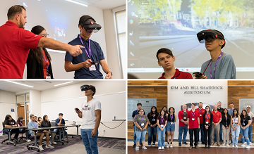 Collage of 4 images - students using AR headsets at TCU campus